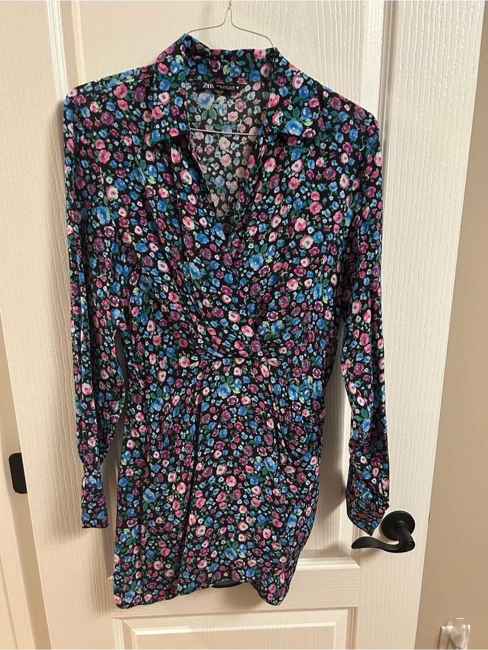 Zara Floral Wrap Dress - Black with Pink & Blue Flowers